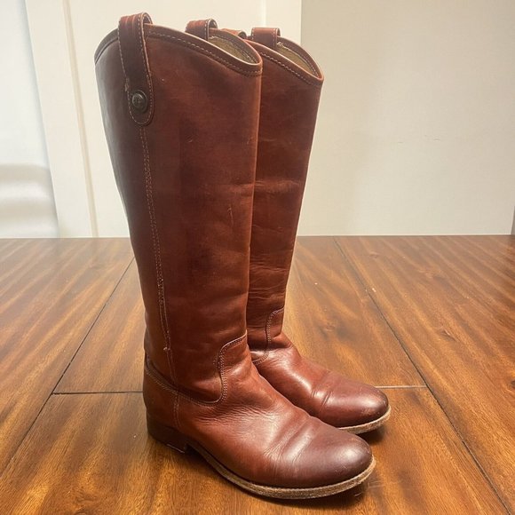 Frye Melissa Tab Red Brown Leather Tall Knee High Riding Boots Women's 6 - Picture 1 of 8